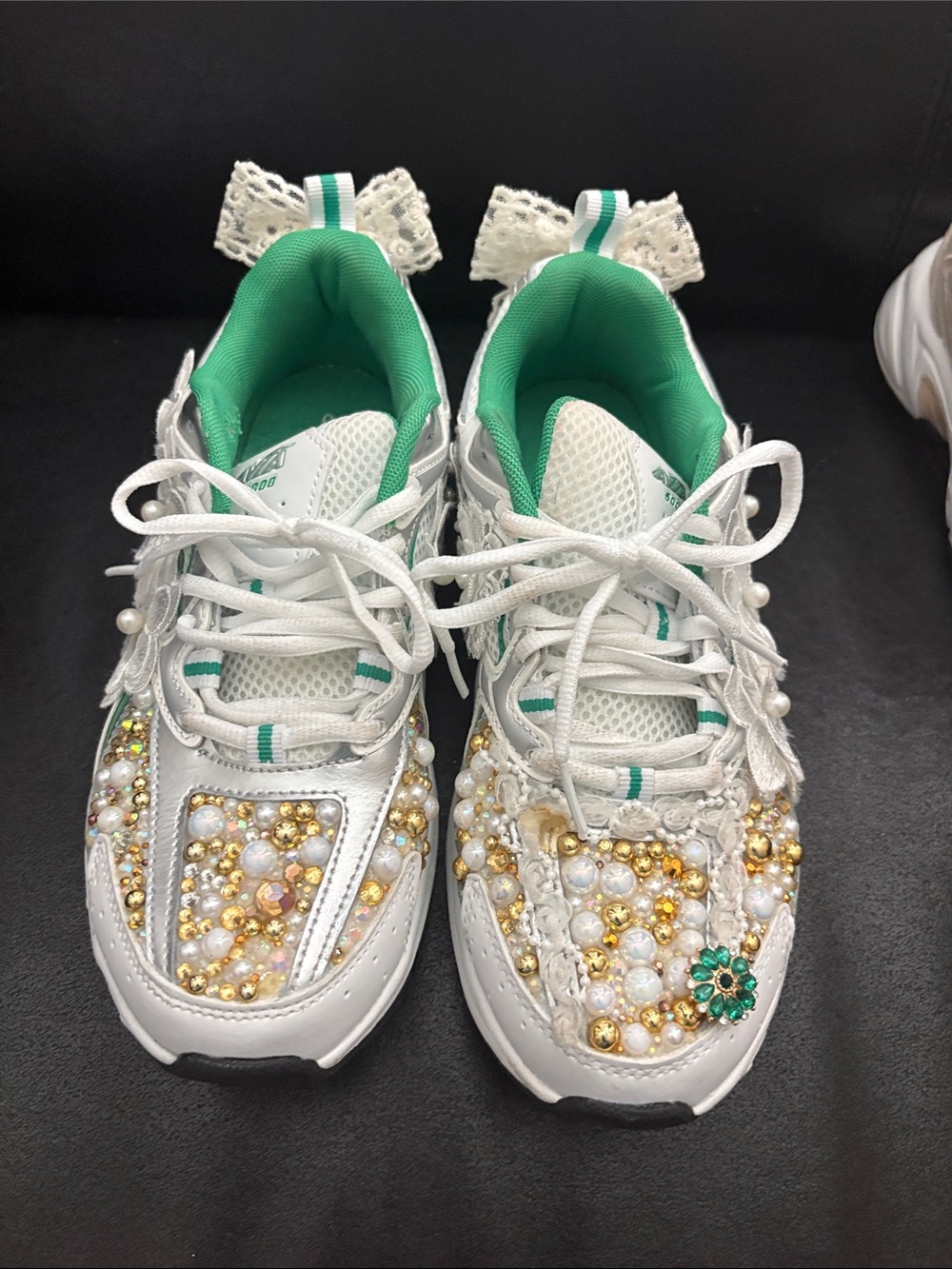White Sneakers with Green Lining and Gold-Pearl Embellishments